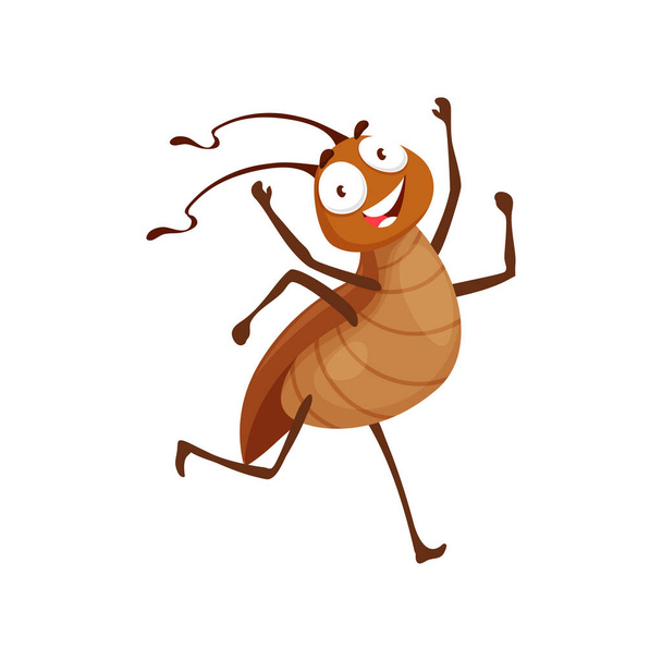 Cartoon kakkerlak karakter, vrolijke vrolijke bug run met opgeheven armen en glimlachend gezicht. Geïsoleerde vector grappig insect schepsel, spel of boek personage - Vector, afbeelding