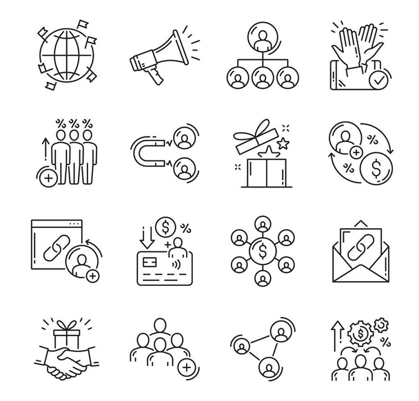 Affiliate and referral program outline icons. Affiliate marketing strategy, customers network and sales management, referral bonus line icons, loudspeaker, people, gift box and money pictograms - Vector, imagen