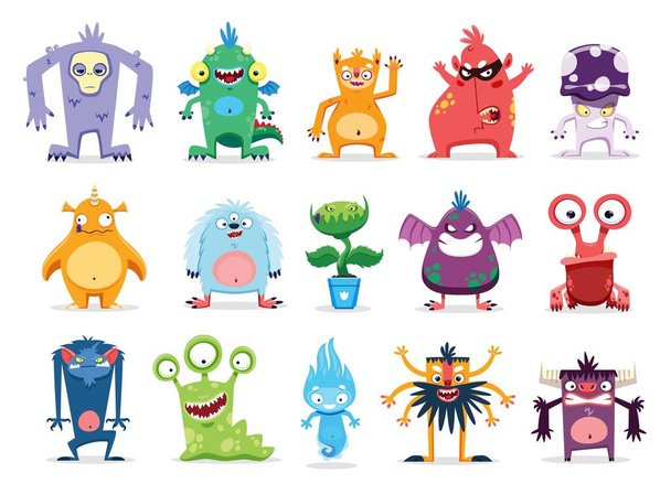 Cartoon monster characters, funny alien creatures and kids personages, vector bizarre animals. Cute cheerful monsters, devils and goblins, Yeti troll, alien flower plant, dragon or gremlin and cyclops - Vector, imagen