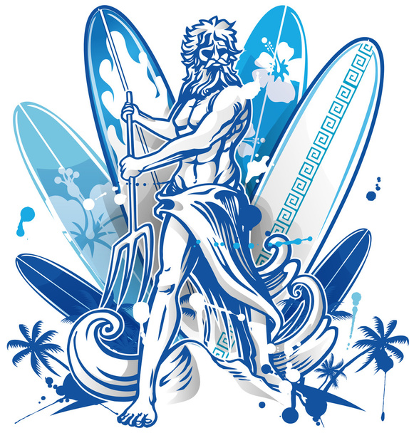 poseidon surfista sobre fondo de tabla de surf
 - Vector, Imagen