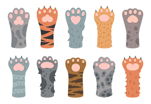 Cartoon cats paws. Cute cat fluffy paw, striped and spotted domestic animals feet. Clawed cat paws flat vector illustration set isolated on white background - Vettoriali, immagini
