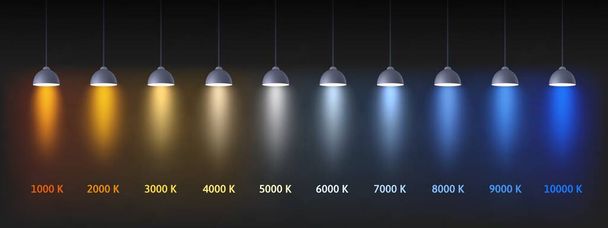 Color temperature scale. Interior lights color chart in Kelvins, cold and warm lighting lamps vector Illustration. Bright intensity spectrum, color gradation, shade intensity indicators - Vector, Imagen
