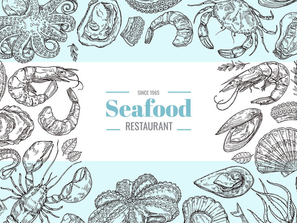 Seafood menu flyer. Sea restaurant banner with hand drawn sketch shrimps, shellfish, octopus and lobster. Engraved style vintage card template vector illustration. Fresh ingredients for cafe - Vettoriali, immagini