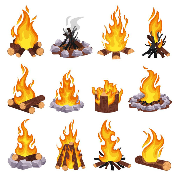 Мультяшний вогонь. Дерев'яний вогонь, палаючий колода і польовий камінь вогню. Укладання типів дров і гасіння пожежі Векторний набір ілюстрацій. Відкритий літній палаючий ліс, кемпінгова діяльність
 - Вектор, зображення