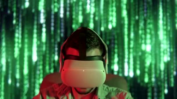 young man with virtual glasses looking ahead futuristic background. High quality 4k footage - Materiał filmowy, wideo