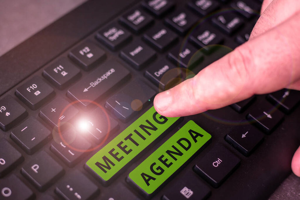 Conceptual display Meeting Agenda, Word for An agenda sets clear expectations for what needs to a meeting - Photo, image