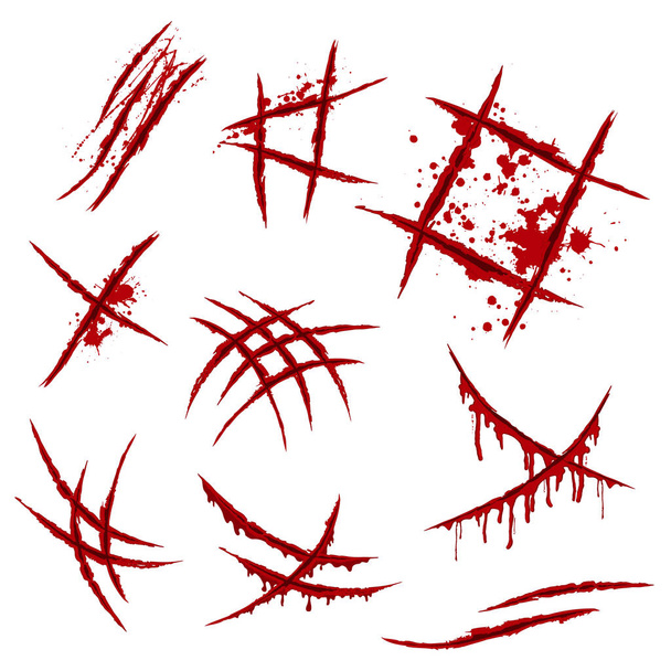 Hintergrund mit Tierkrallen-Kratzspuren. Monsterscharf. Rote blutige Wundtapete mit Spritzern und Klecksen - Vektor, Bild