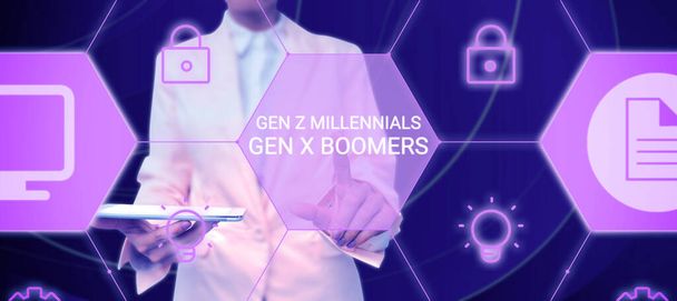 Handschrift Text Gen Z Millennials Gen X Boomers, Konzeptfoto Generationsunterschiede Alte Junge Leute - Foto, Bild
