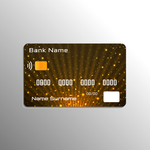 Kreditní debetní karta s třpytivými částicemi a zářícími paprsky pozadí. Vektorová ilustrace - Vektor, obrázek