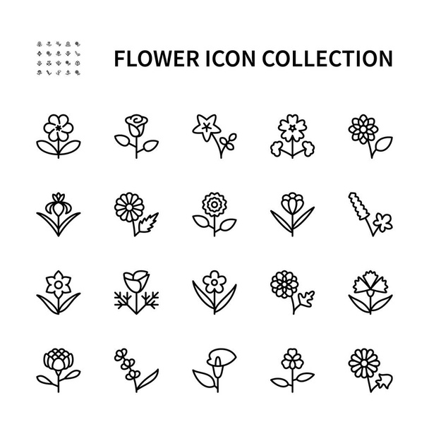 Flowers vector linear icons set. Flora. Rose, peony, azalea, gardenia, buttercup, poppy, calla lily, iris, dahlia, and more. Isolated collection of flowers for web sites on white background. - Vector, Imagen