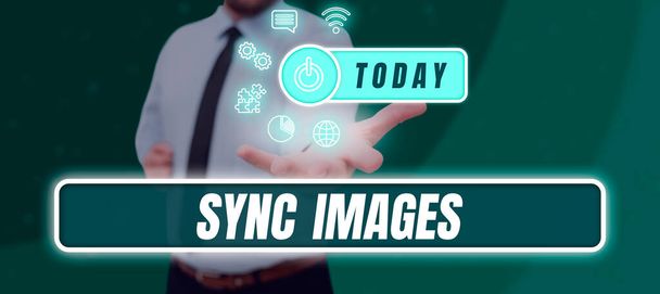 Text zeigt Inspiration Sync Images, Business-Konzept Fotos auf allen Geräten identisch machen - Foto, Bild