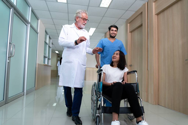 Doctor and male nurse transport a female patient in a wheelchair along sterile hospital corridor. Health care and nursing care for disabled handicapped patient in the hospital concept. - Photo, Image