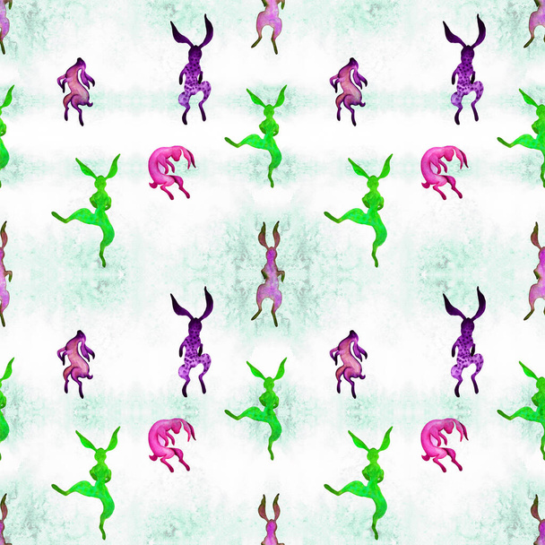 Seamless pattern. Hares are dancing. Animalistic illustrations on a watercolor background. Use printed materials, signs, objects, websites, maps, posters, flyers, packaging. - Foto, afbeelding