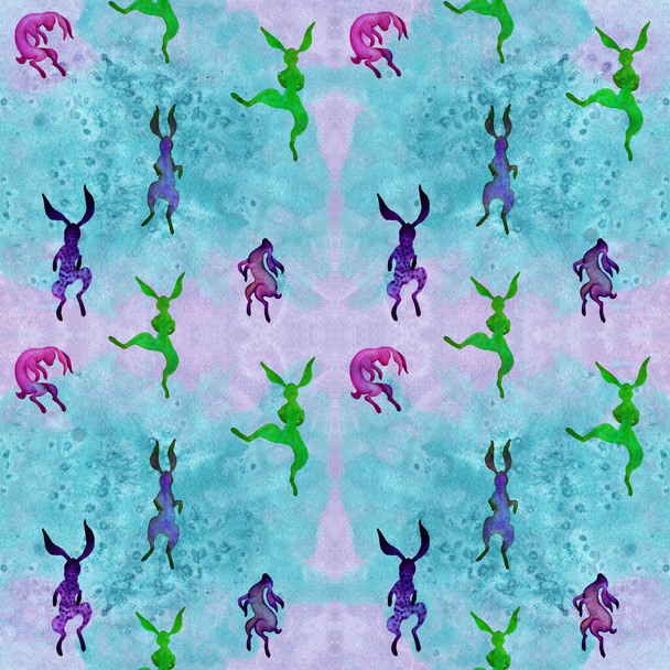 Seamless pattern. Hares are dancing. Animalistic illustrations on a watercolor background. Use printed materials, signs, objects, websites, maps, posters, flyers, packaging. - Fotoğraf, Görsel