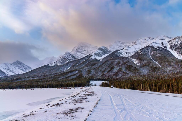 Snowy Road Towards Canmore Mountains - Photo, Image