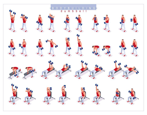 Dumbbell Training Bodybuilding Exercises set. Best dumbbell exercises for building big and beautiful muscles in gym. Healthy and active lifestyle. Isometric icons on isolated background - Vector, Imagen