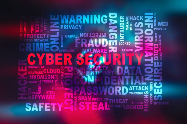 Cybersecurity illustratie concept. Muur van woorden over beveiligingstechnologie. - Foto, afbeelding