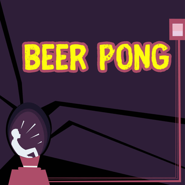 ビールポンを示すテキスト記号,ビールを含むカップのセットとバウンスまたはピンポンボールを投げるビジネス概要ゲーム - 写真・画像