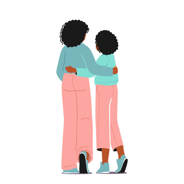 Loving Mother and Daughter Hugging Rear View Isolated on White Background. Black Mom and Girl Embrace. Female Family Characters Love, Mothers Day Concept. Cartoon People Vector Illustration - Vetor, Imagem