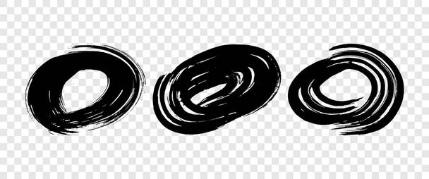 Fekete grunge ecsetvonások kör alakú. Három festett tintakörök. Átlátszó háttérrel elszigetelt tintapont. Vektorillusztráció - Vektor, kép