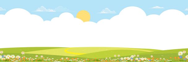 Nahtloses Muster Frühling grüne Felder Landschaft mit Wolken auf blauem Himmel Hintergrund, endlose Panorama schöne ländliche Natur im Frühling mit Gras Land auf einem Hügel. Vector für Frühling oder Sommer Banner - Vektor, Bild