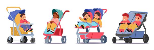 Zestaw dzieci siedzących w wózkach odizolowanych na białym tle. Cute Maluchy Chłopcy i dziewczęta Postacie siedzieć w wózki, Baby Carriage for Walking on Street. Ilustracja wektor ludzi z kreskówek - Wektor, obraz