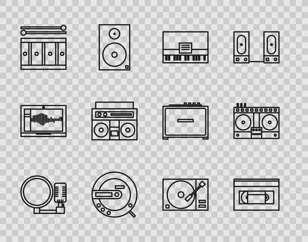 Set line Microphone, VHS video cassette tape, Piano, Music CD player, Drum with drum sticks, Home stereo two speakers, Vinyl vinyl disk and DJ remote for playing and mixing music icon. Vector - Vector, Imagen