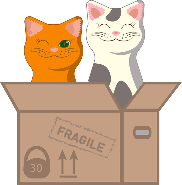 Живописная иллюстрация с улыбающимися и подмигивающими кошками белого и рыжего цвета, сидящими в коробке - Вектор,изображение