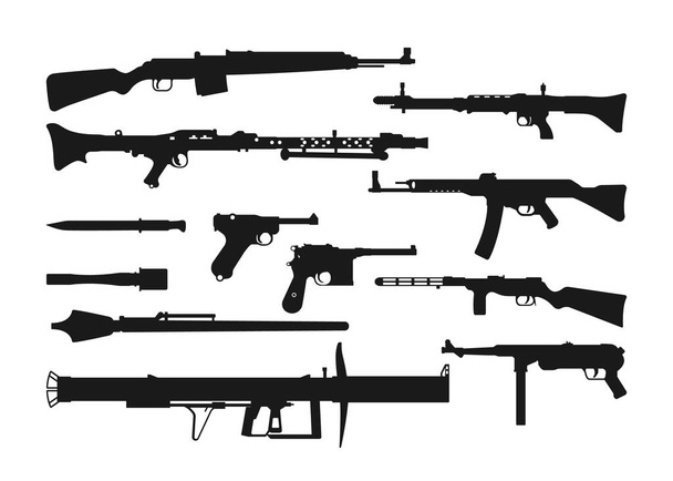 Σκιαγραφίες όπλων του παγκοσμίου πολέμου. Απομονωμένο όπλο γερμανικού πολέμου. Μαύρο μοντέλο τουφεκιού, καραμπίνα, πιστόλι. Παρατραβηγμένη άποψη. Εικονογράφηση διανύσματος - Διάνυσμα, εικόνα