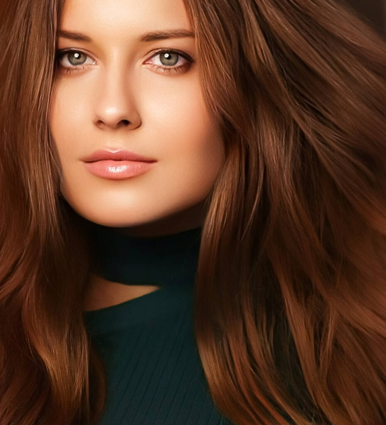 Frisur, Schönheit und Haarpflege, schöne Frau mit langen gesunden Haaren, brünettes Model trägt natürliches Make-up, Glamour-Porträt für Friseursalon und Friseurmarke - Foto, Bild