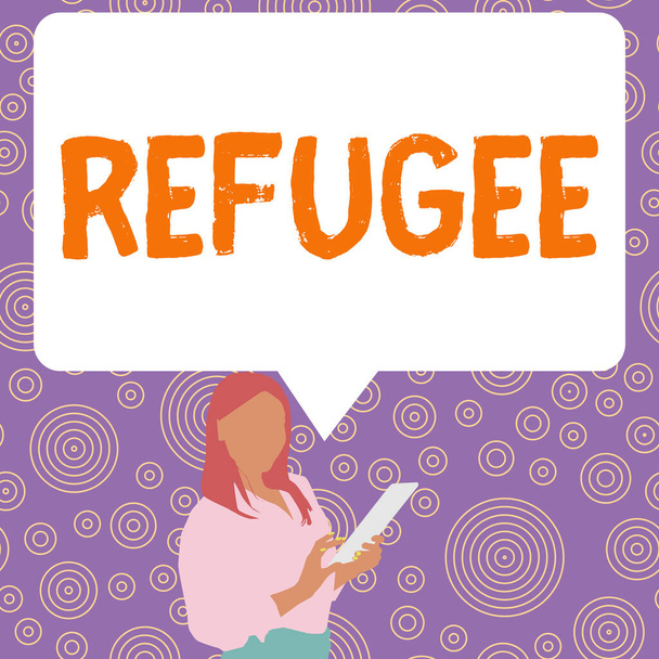 Концептуальный заголовок "Беженцы, деловой подход" относится к перемещениям больших групп перемещенных лиц - Фото, изображение