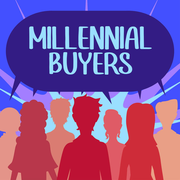 Χειρόγραφο κείμενο Millennial Αγοραστές, Ιντερνετ Έννοια Τύπος των καταναλωτών που ενδιαφέρονται για την τάση των προϊόντων - Φωτογραφία, εικόνα