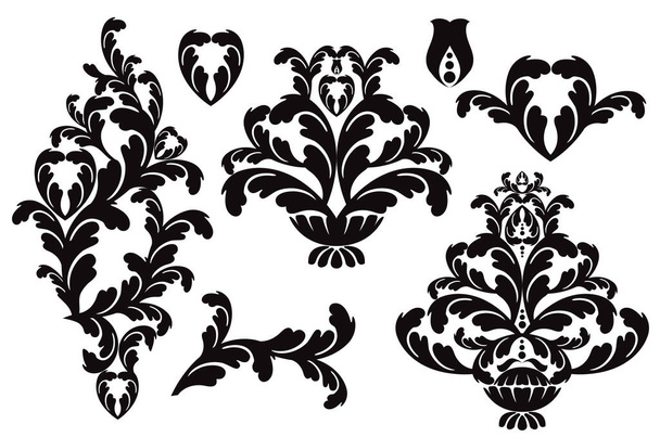 Vector damast vintage barokke scroll ornament werveling. Victoriaans monogram heraldisch schild wervelt. Retro bloemblaadje patroon rand gebladerte antieke acanthus kalligrafie gegraveerde tatoeëerd.Tegel decor element - Vector, afbeelding