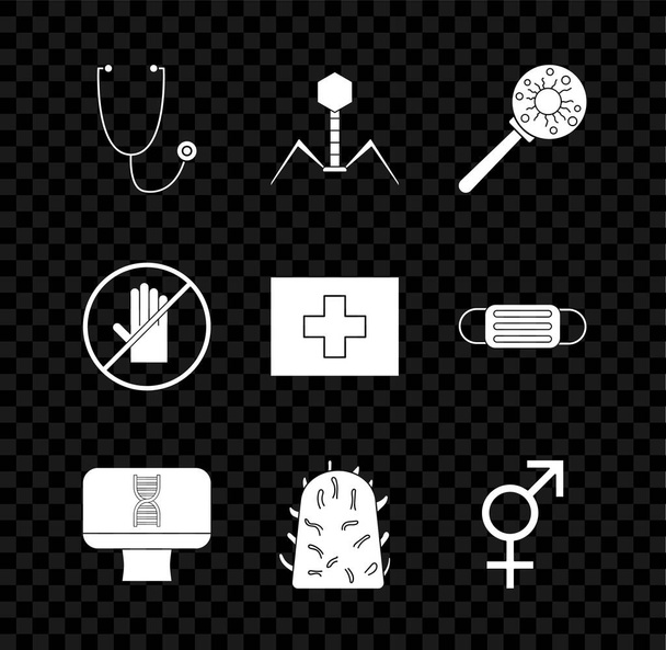 Set Stethoscope Bacteria bacteriophage Virus under magnifying glass DNA spiral and computer Rabies virus Gender No handshake and First aid kit icon. Vector. - Vector, Image