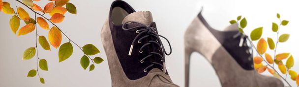 Womans Highheel laarzen tegen lichte backgroound. Creatieve banner voor modieuze winkel adv van Herfst Sale Concept met lege ruimte voor tekst. - Foto, afbeelding