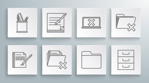 Set line Blank notebook and pen Delete folder Document Drawer with documents Laptop cross mark on screen and Pencil case stationery icon. Vector. - Vektor, obrázek