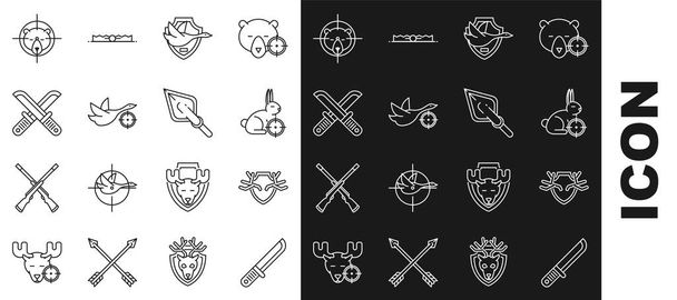 Set line Hunter knife Deer antlers on shield rabbit with crosshairs Flying duck Crossed hunter bear and Hipster arrow tip icon. Vector. - Vettoriali, immagini