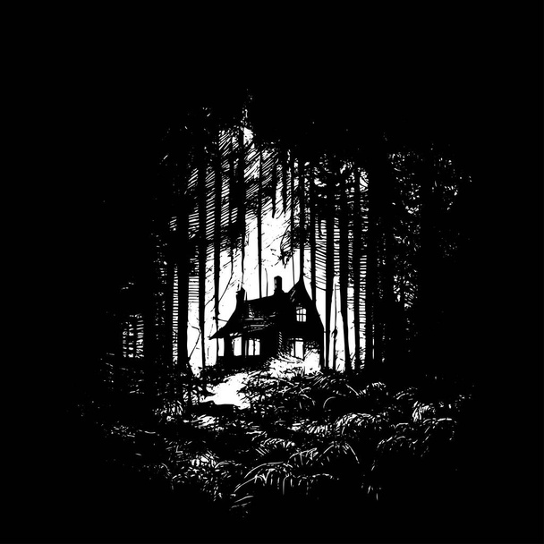 Schwarz-weiße Vektorskizze Illustration des Horrorhauses im dunklen Wald - Vektor, Bild
