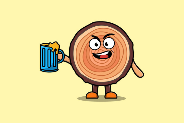 Cute Wood trunk cartoon mascot character with beer glass and cute stylish design flat illustration - Vector, imagen
