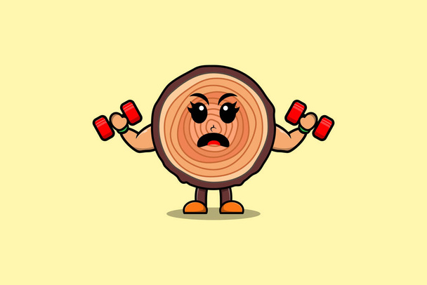 Симпатичный мультик Деревянный персонаж - фитнес со штангой в современном стиле - Вектор,изображение