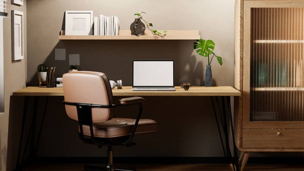Modern and comfortable working room interior design with laptop computer and accessories on wooden desk, vintage leather chair, wood cabinet and decor. 3d render, 3d illustration - Foto, Imagem