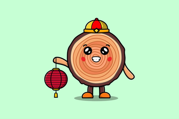 Cute cartoon Wood trunk chinese character holding lantern in vector icon illustration - Vetor, Imagem