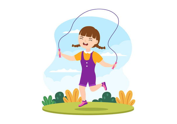 Skok lano ilustrace s dětmi hrát skákání nosit sportovní oblečení v kryté Fitness Sportovní aktivity ploché kreslené ručně kreslené šablony - Vektor, obrázek