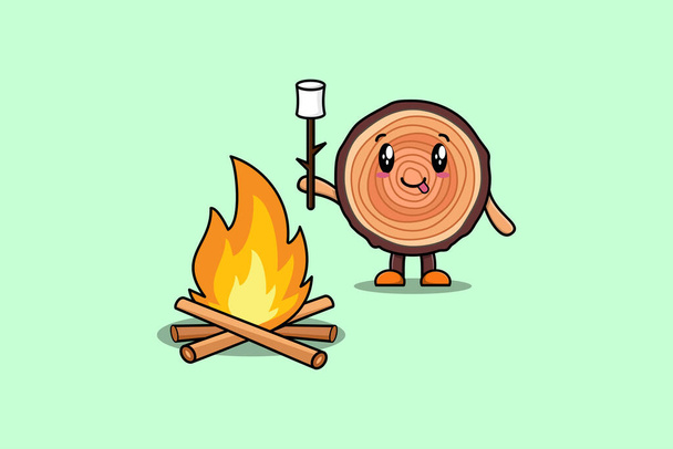 Cute cartoon wood trunk character is burning marshmallow - Vector, imagen