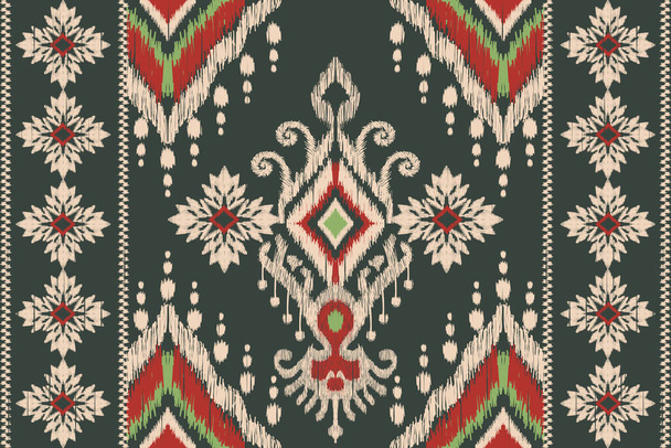 Ikat květinové paisley výšivky na zeleném pozadí.geometrické orientální vzor tradicional.Aztec styl abstraktní vektorové ilustrace.design pro texturu, tkaniny, oblečení, obaly, dekorace, šála. - Vektor, obrázek
