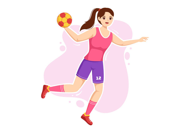 Handball Illustration of a Player Touching the Ball with His Hand and Scoring a Goal in a Sports Competition Flat Cartoon Hand Drawing Template - Vector, imagen