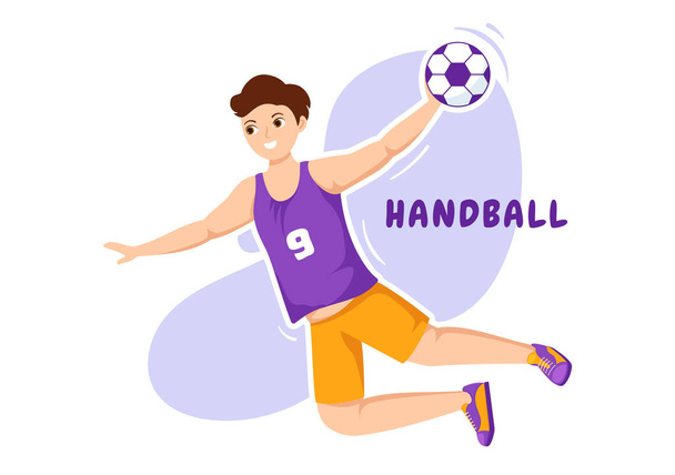 ハンドボール選手のイラスト手でボールに触れ、スポーツ大会でゴールを決めるフラット漫画ハンドドローイングテンプレート - ベクター画像