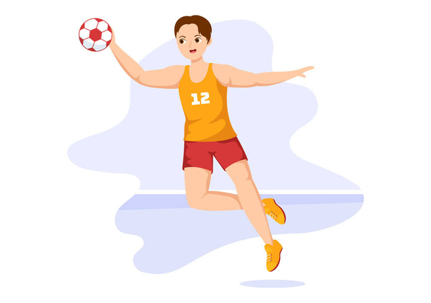 Гандбол Иллюстрация игрока, касающегося мяча рукой и забрасывающего гол в спортивном соревновании Плоский шаблон рисования рук мультфильма - Вектор,изображение