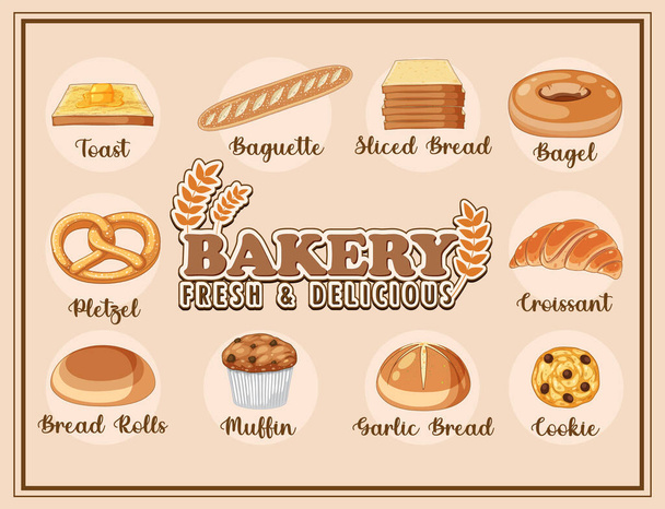 Различные виды хлеба с именной иллюстрацией - Вектор,изображение