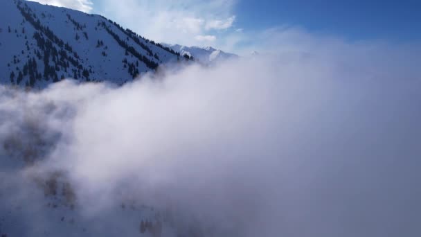 Witte cumulus wolken in besneeuwde bergen in de winter. De stralen van de zon vallen op een deel van de wolken, een schaduw komt van de piek. Blauwe heldere lucht. Kerstbomen groeien op de heuvels. Toeristen lopen. - Video